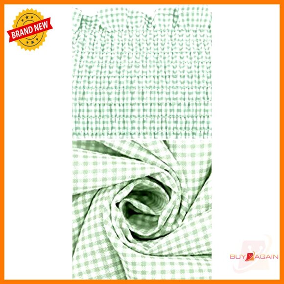 Cotton Plaid Puff Sleeve Off-Shoulder Boho Midi Dress with Back Bow Tie - Picture 6 of 7